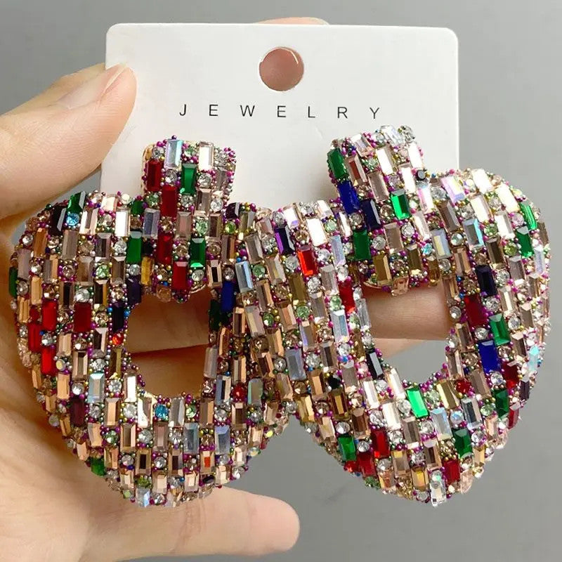 Draweye Colorful Rhinestones Stud Earrings for Women Hyperbole Hearts Hollow