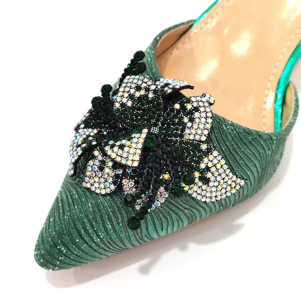 Rhinestone Flower Spike Heel Pumps — Mary Jane Pointed Toe | Black · Green · Pink · Multi | EU 37–43