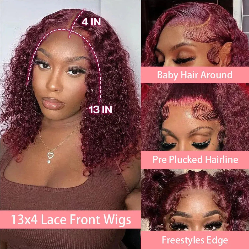 Red Colored 99J Curly Deep Water Wave 13x4 Lace Front Wigs Short Bob 100%