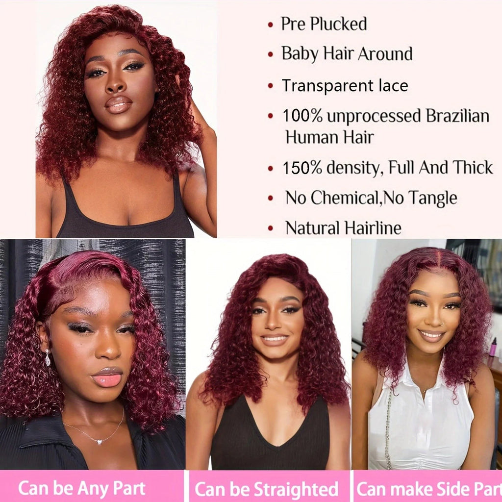 Burgundy 99J Deep Wave Short Bob Wigs 100% Human Hair Wig Water Curly Wig Baby