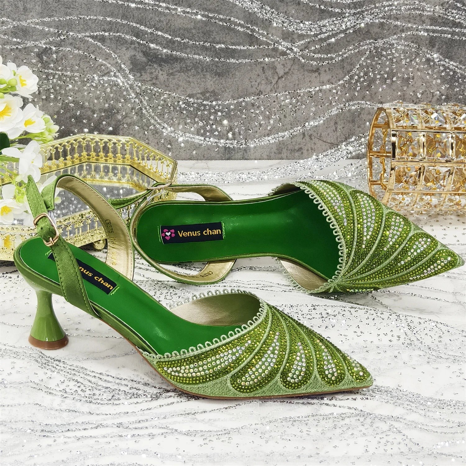 Women's Italian Diamond Studded Shoes and Bag Matching Set