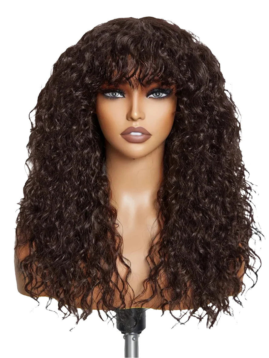 100% Human Hair Wigs with Bang Full Wig Brown Black Highlight Water Wave