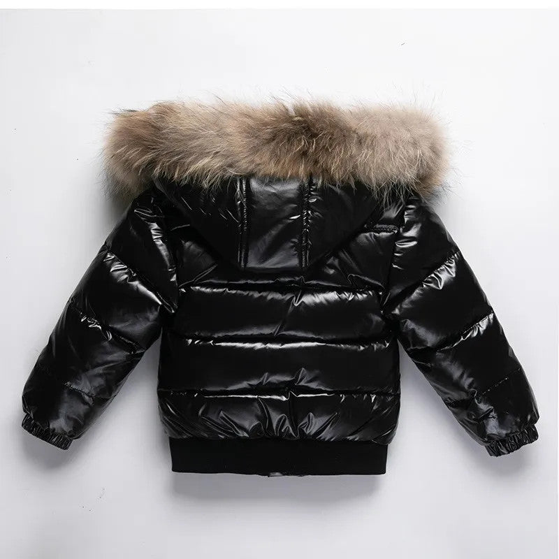 Kids Winter Down Jacket Real Faux Fur Waterproof Shiny Thick Warm Outerwear