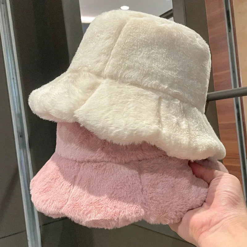 Women Girls Faux Fur Bucket Hat Plush Warm Fisherman Hat Outdoor Windproof