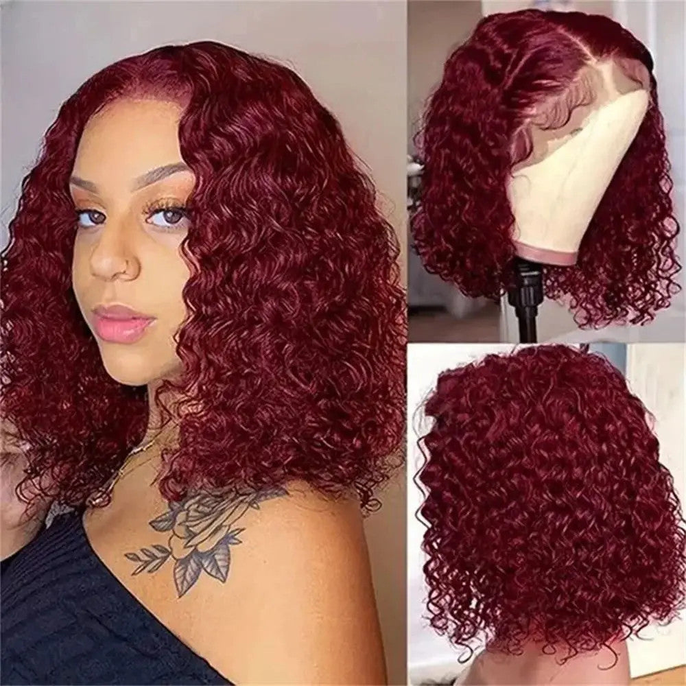 Burgundy 99J Deep Wave Short Bob Wigs 100% Human Hair Wig Water Curly Wig Baby