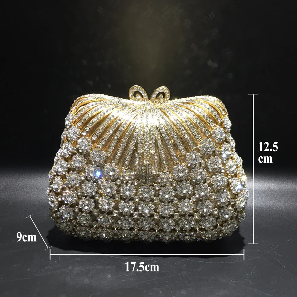Women Gold Color Flower Rhinestones Clutch Bags Crystal Evening Purse Stones