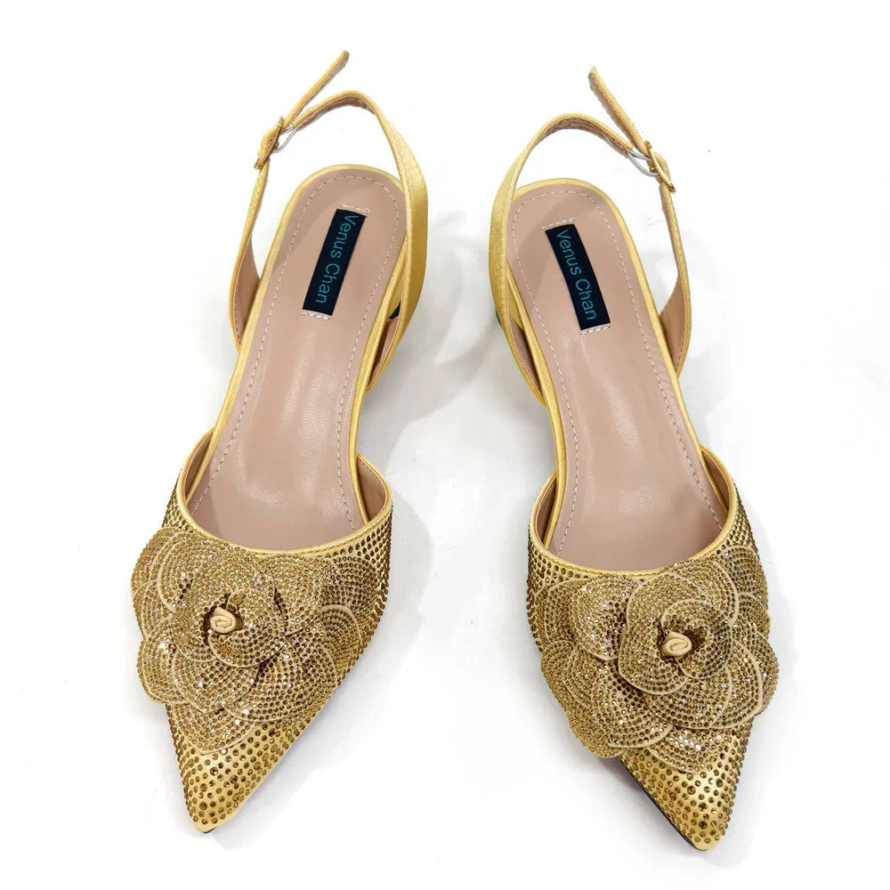 Women's Pointed-Toe Large Flower Decoration Rhinestone Low Heel Italian Shoes