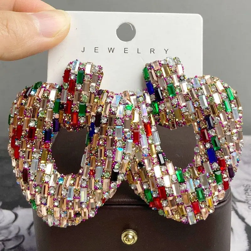 Draweye Colorful Rhinestones Stud Earrings for Women Hyperbole Hearts Hollow