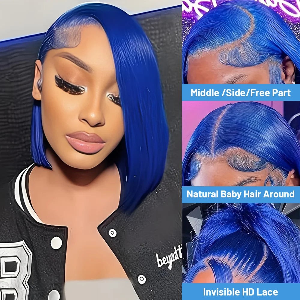 Navy Blue Straight Bob Lace Front Wig – 13x4 HD Transparent Lace | Brazilian Remy Human Hair | 180% & 200% Density | 8–16 Inches