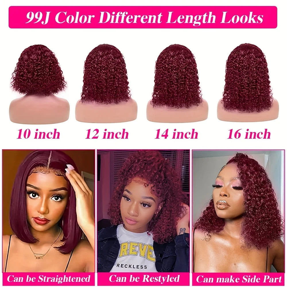 Burgundy 99J Deep Wave Short Bob Wigs 100% Human Hair Wig Water Curly Wig Baby