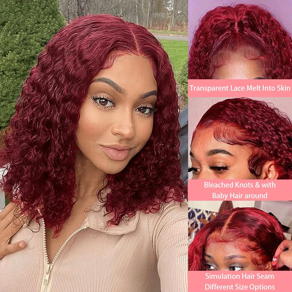 Red Colored 99J Curly Deep Water Wave 13x4 Lace Front Wigs Short Bob 100%