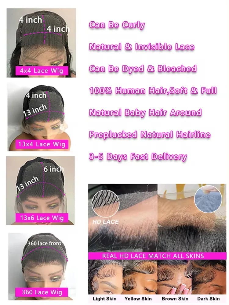 Body Wave Lace Front Human Hair Wig 30 40 Inches 200 Density Brazilian Remy