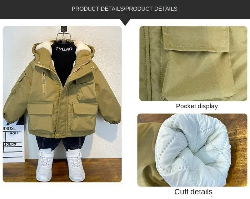 New Winter Down Cotton Jacket Boys Black Hooded Coat Children Outerwear
