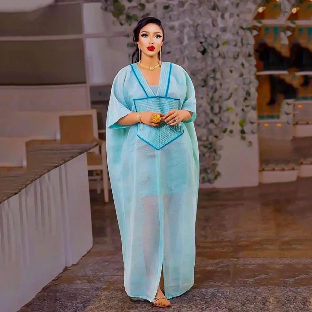 African Mesh Embroidered Deep V-Neck Skirt Set — Women’s Plus Size Traditional Clothing | Sky Blue | One Size