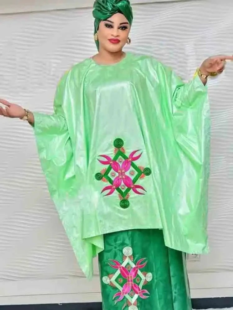 2-Piece Bazin Riche Printed African Long Dress Set — Wedding, Party & Prom | Green | Free Size