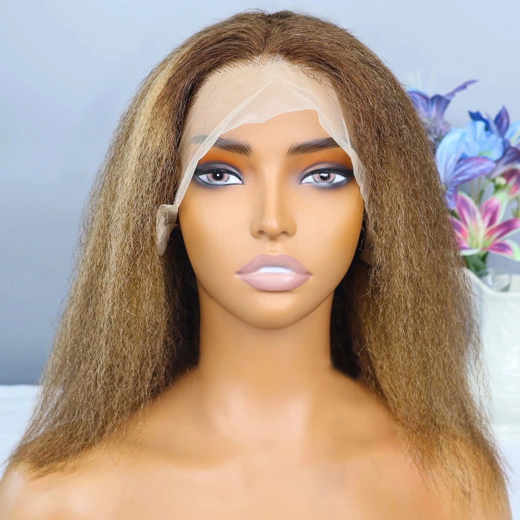 Kinky Straight 4/27 Highlight 13x4 Transparent Lace Frontal Human Hair Wigs