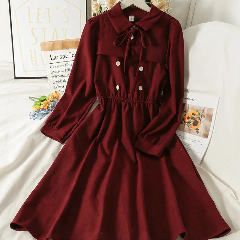 Vintage Patchwork Women's Dress High Waist A-Line Mid-Calf Spring Long-Sleeved