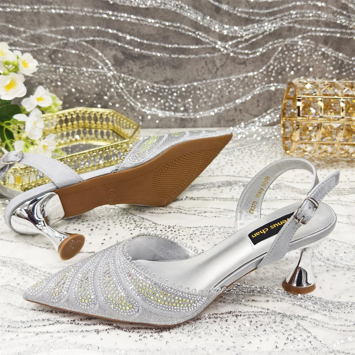 Diamond Studded Slingback Heels & Bag Matching Set — Butterfly Knot | 7 Colours | EU 37–43