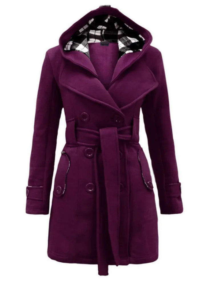 Fashionable Women's Woolen Warm Fleece Double Breast Jacket With Belts