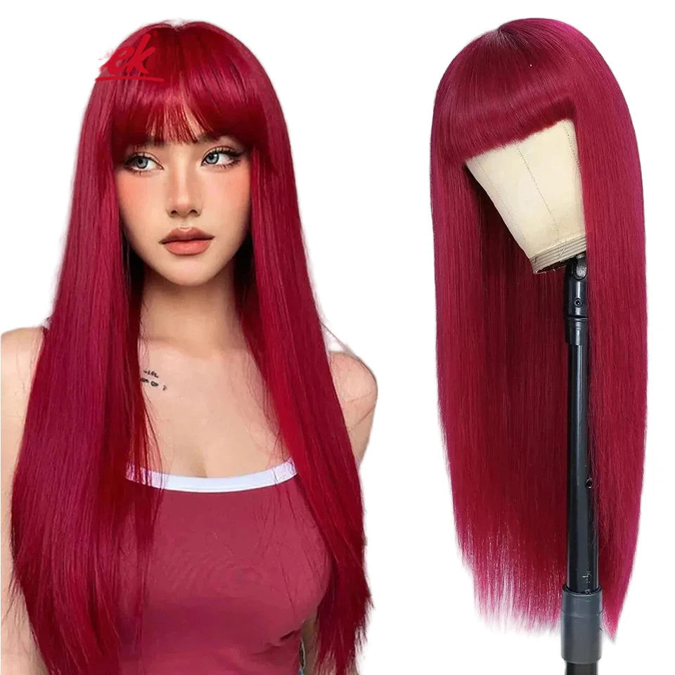 Human Hair Wigs With Bang Brazilian Straight Red Burgundy Human Hair Wigs Brown