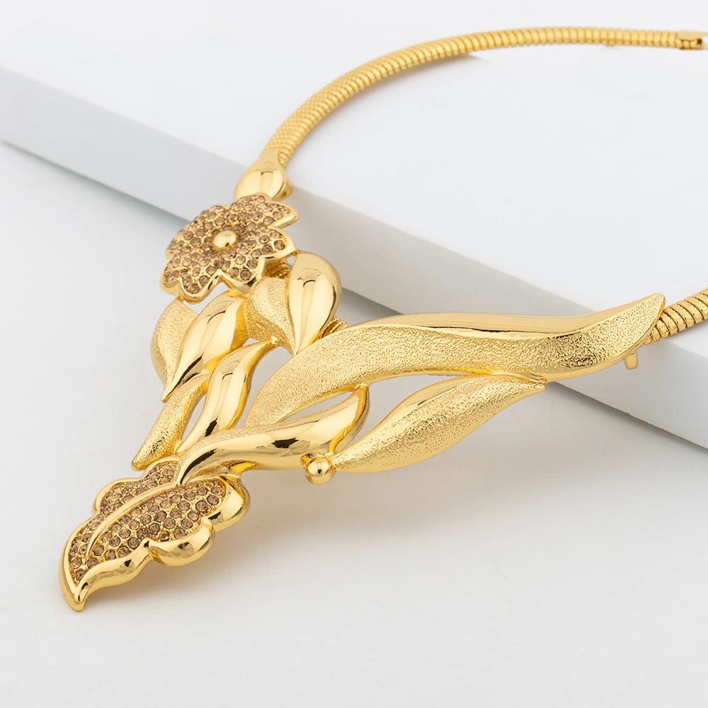 Luxury Flower Design Jewelry Set for Women, Gold Color Big Pendant Necklace and