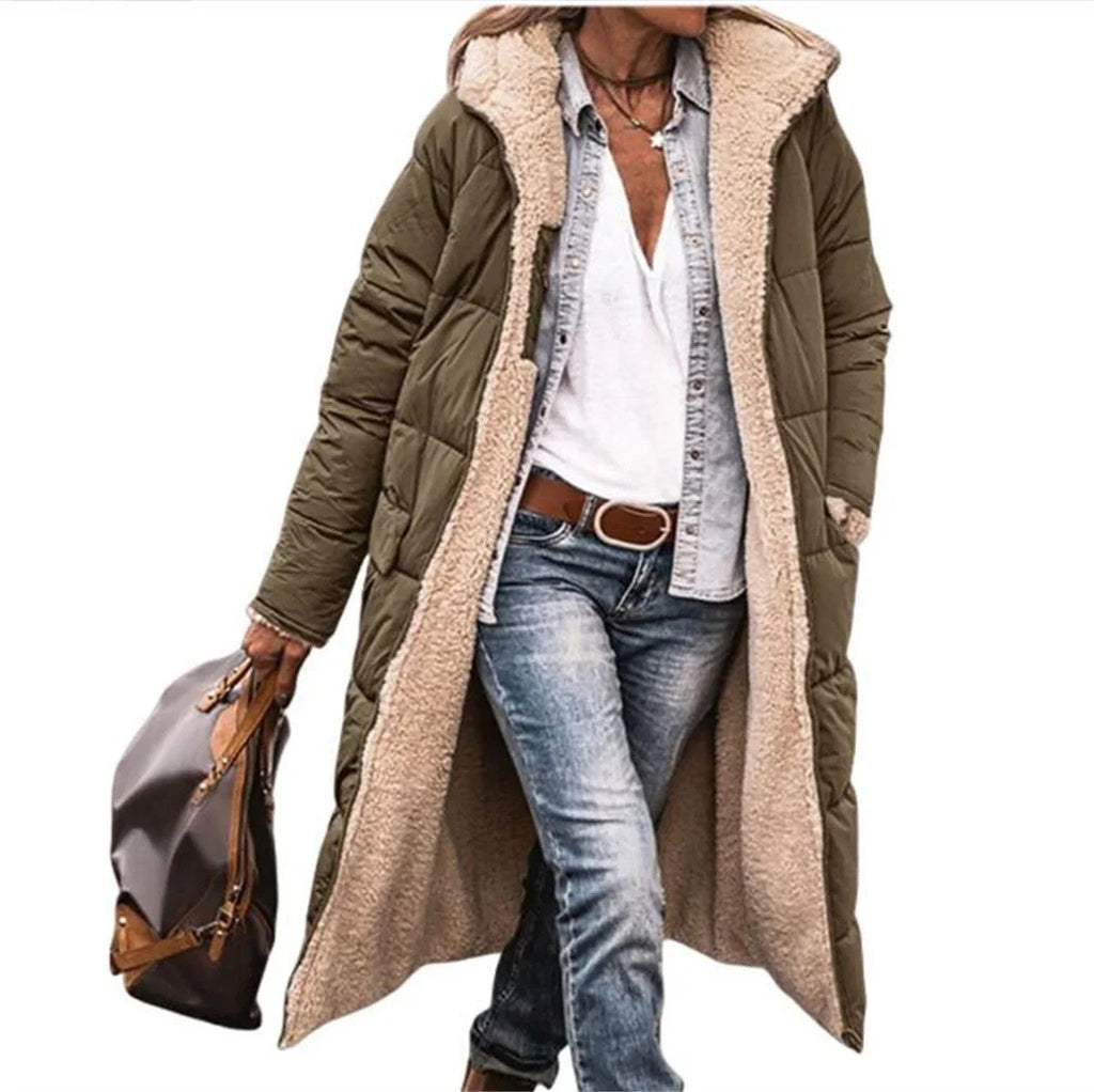 Winter Hooded Quilted Women's Solid Reversible Long Sleeve Thick