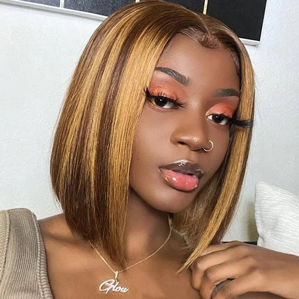 Ombre Blond Wig Brazilian Remy Hair Short Bob Human Hair Wigs Highlight P4/27