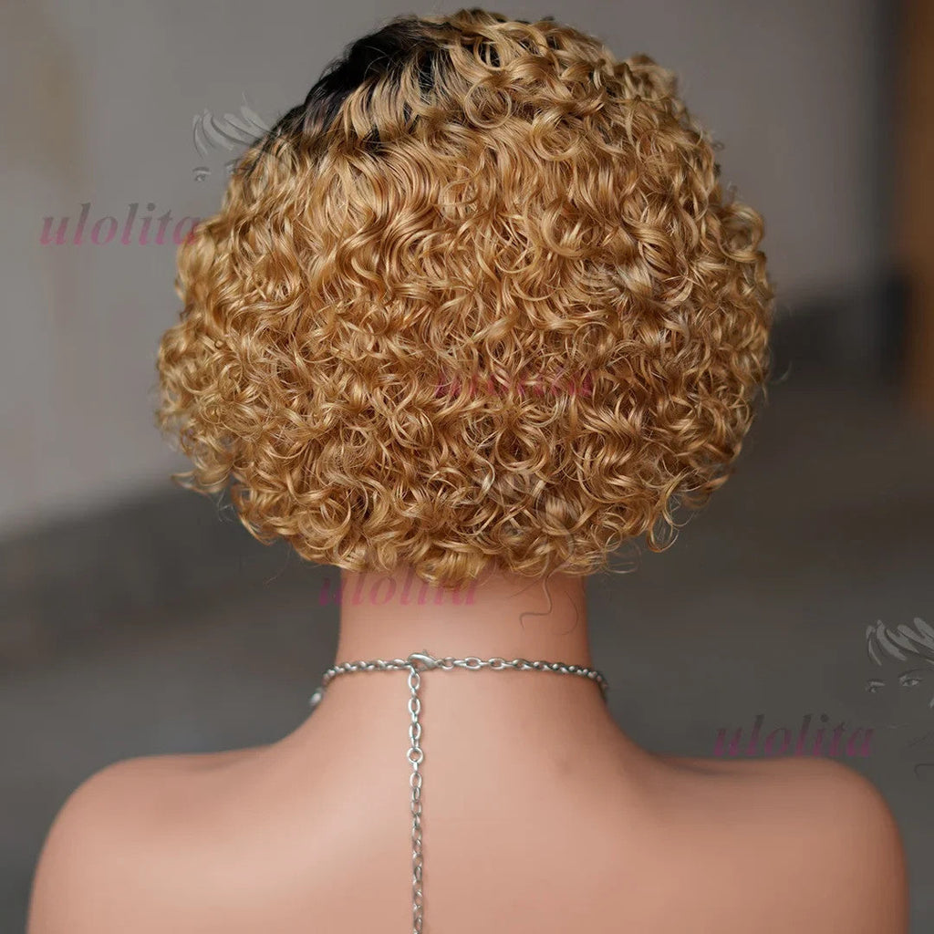 Ombre Blonde T1B27Pixie Cut Short Curly Bob Side Part Non Lace Front 100%