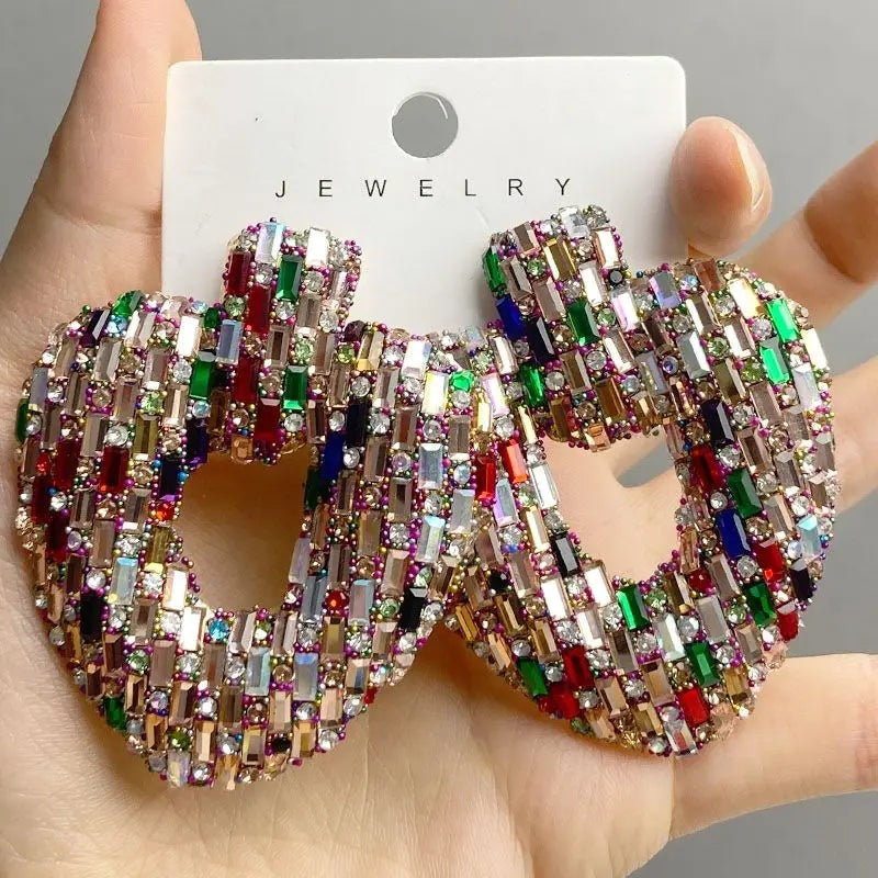Draweye Colorful Rhinestones Stud Earrings for Women Hyperbole Hearts Hollow