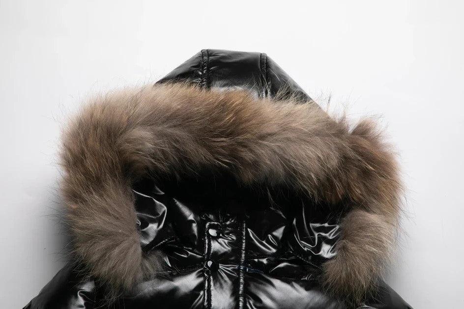 Kids Winter Down Jacket Real Faux Fur Waterproof Shiny Thick Warm Outerwear