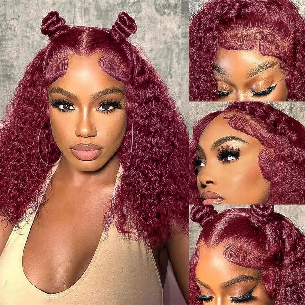 Burgundy 99J Deep Wave Short Bob Wigs 100% Human Hair Wig Water Curly Wig Baby
