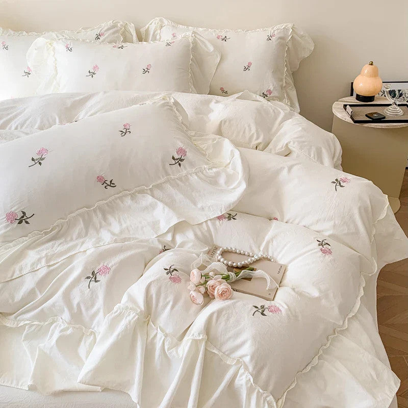3pcs Rose Embroidered Duvet Cover Set (1*Duvet Cover + 2*Pillowcase, Without