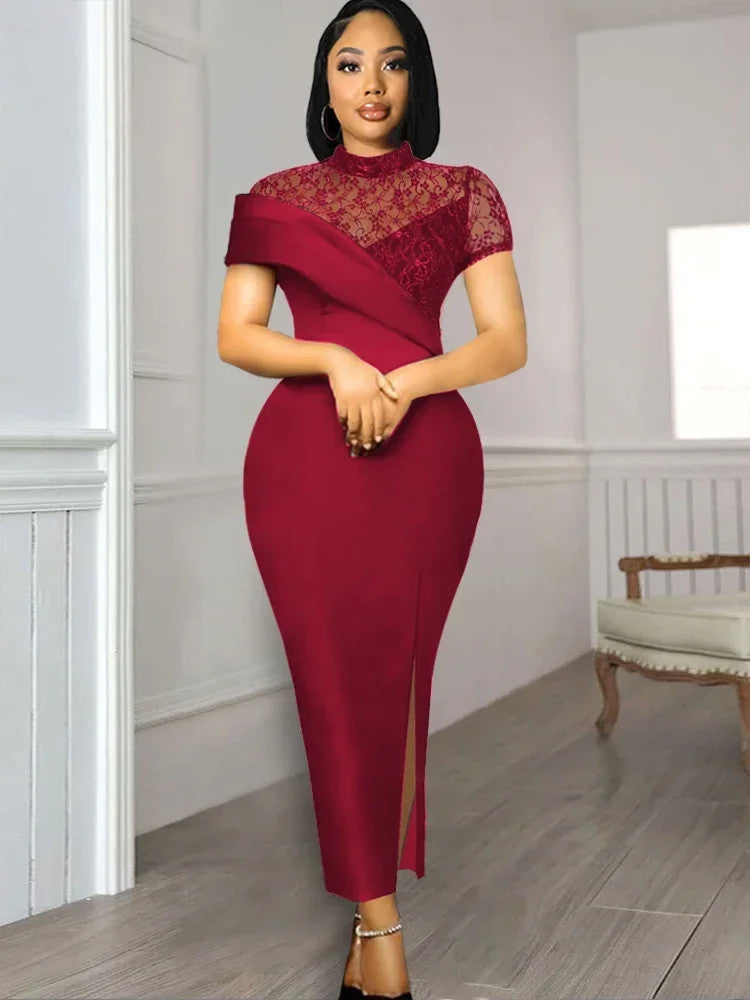Women's High Neck Lace Patchwork Bodycon Midi Dress – Slim Sheath Evening Gown | Polyester | S–4XL | Black & Wine