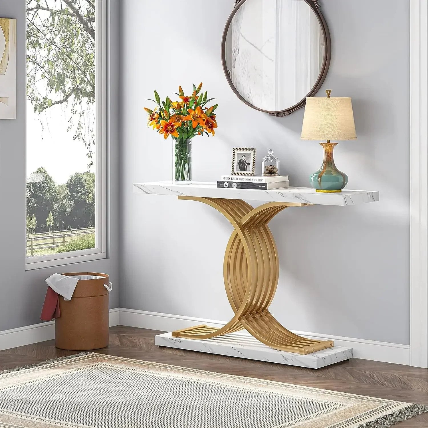 Gold Entryway Table, Modern 39-Inch Console Faux Marble Narrow Wood Sofa with
