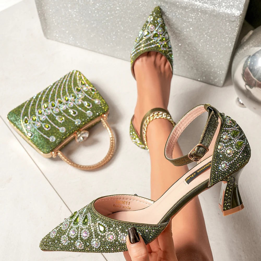 Rhinestone Slingback Pumps & Bag Matching Set — Bling Pointed Toe | 5 Colours | EU 37–43