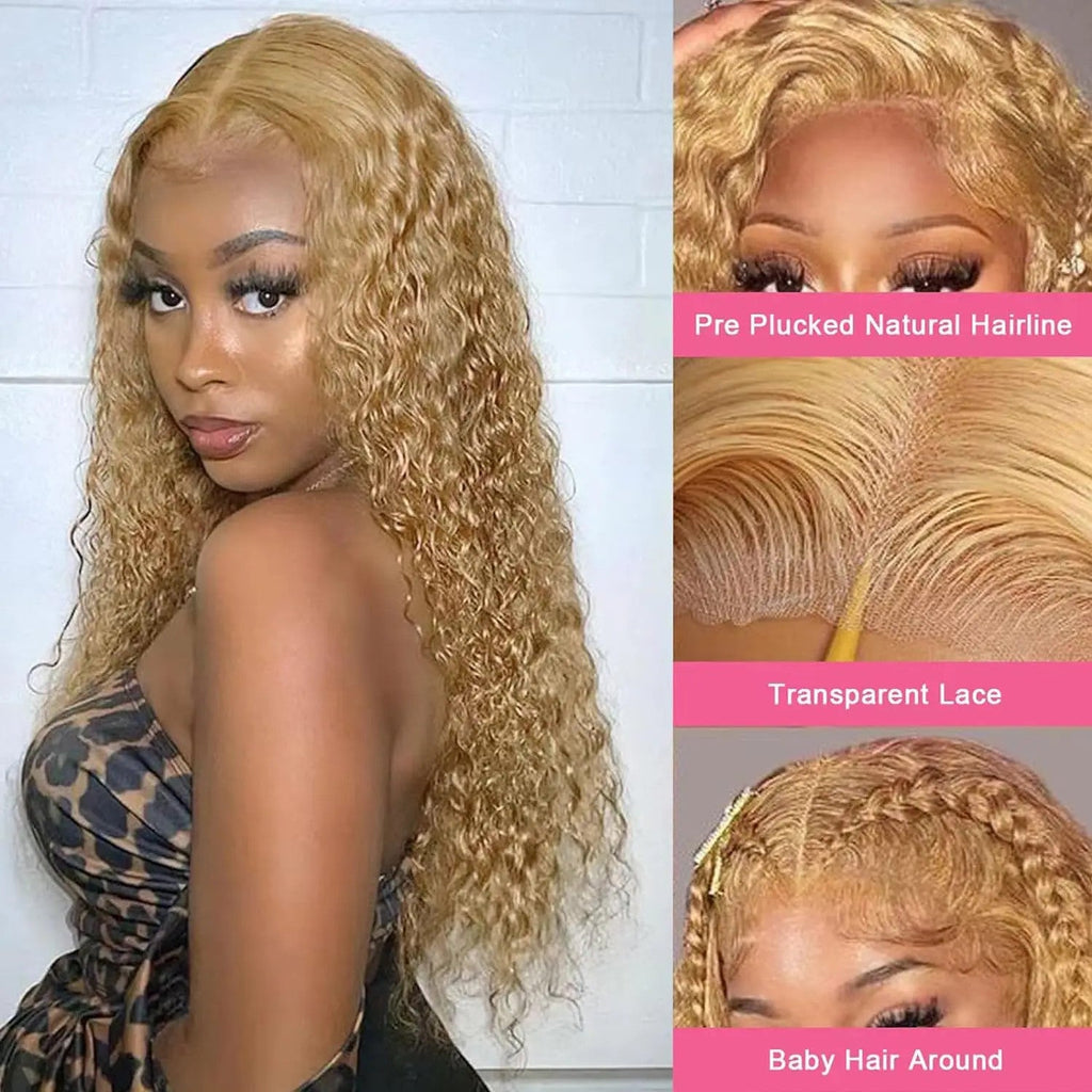 Honey Blonde Water Wave 4x4 Lace Front Wig 100% Human Hair Wigs for Women 13x4