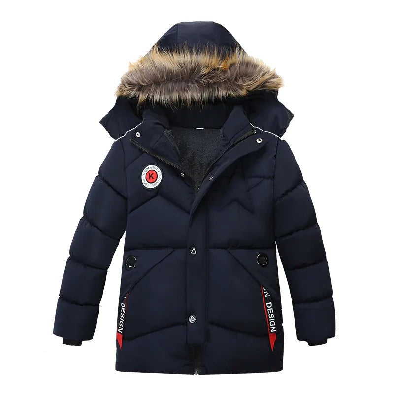 2-8 Years Winter Boys Jacket Thick Keep Warm Lining Plush Detachable Hat Hooded