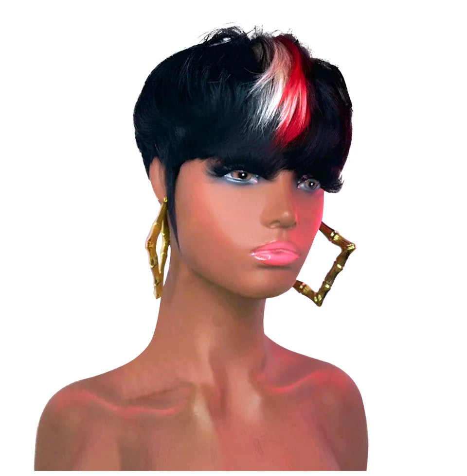 613 Blue Highlight Short Straight Bob Wigs Pixie Human Hair Wig With Bangs Full