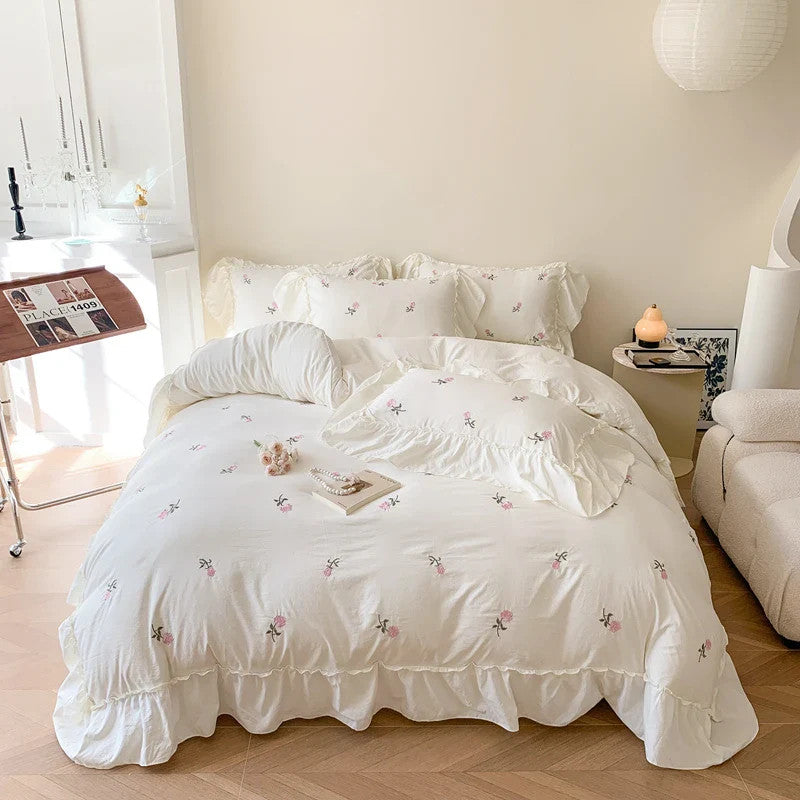 3pcs Rose Embroidered Duvet Cover Set (1*Duvet Cover + 2*Pillowcase, Without