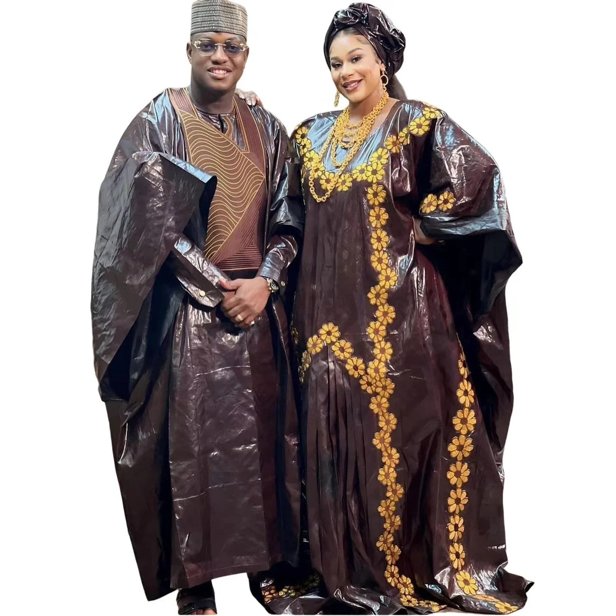 Men's Bazin Riche Embroidered Dashiki Top – Long Sleeve | 100% Cotton | Plus Size L–5XL | Brown