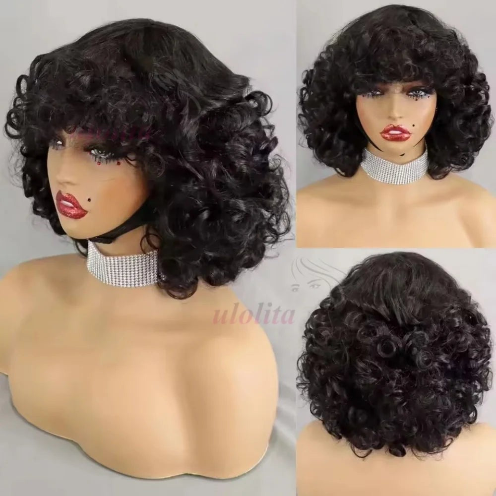 99J burgundy Fumi Curly Bob Wig Bouncy Pixie Cut Wig Highlight Full Machine Egg