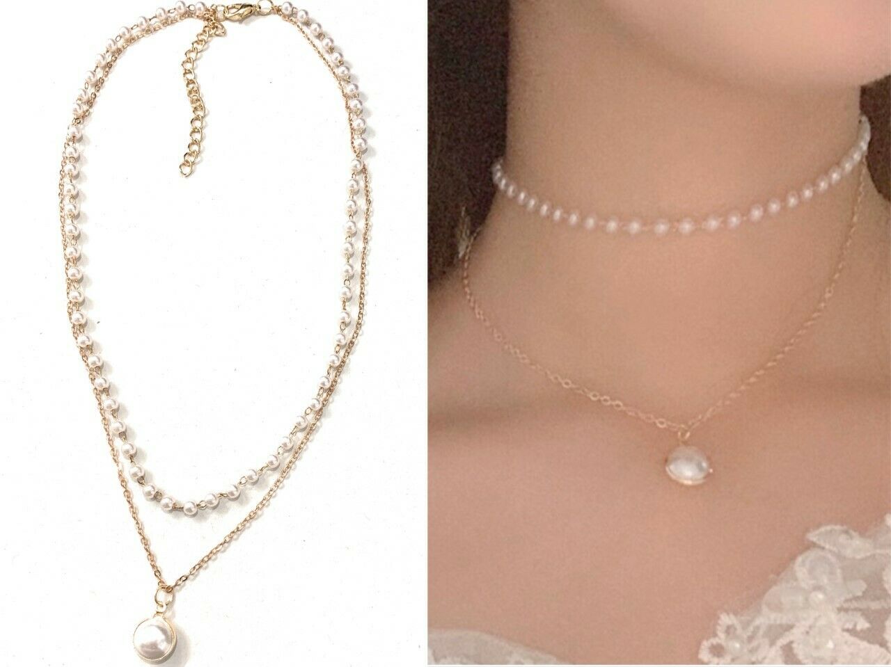 1920s Gatsby Gold Tone Faux Pearl Double Layer Choker Pendant Necklace Chain UK