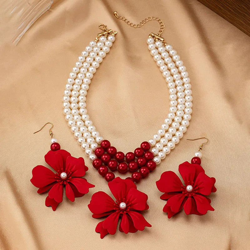 Necklace Big Red Flowers Pendant 3 Layers of Pearl Chain Women Girls Gifts