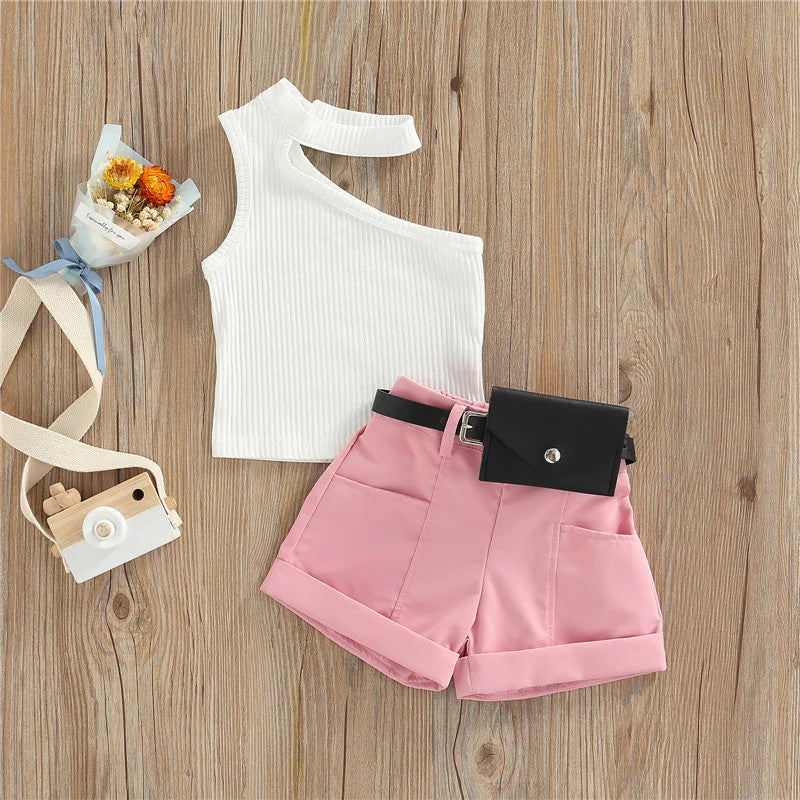 1-5 Years Infant Girl Casual Set Tanks Tops + Shorts + Waist Bag Pockets