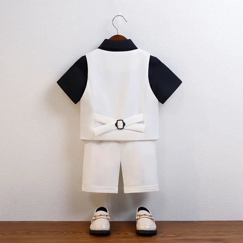 Children Green White Baptism Photography Suit Kids Vest Shirt Shorts Bowtie