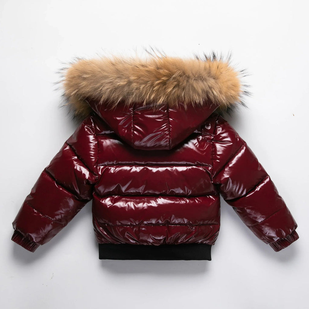 Kids Winter Down Jacket Real Faux Fur Waterproof Shiny Thick Warm Outerwear