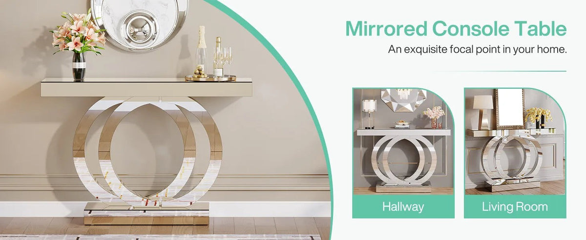 Mirrored Console Table – 110cm | Modern Minimalist Entryway Table | Glass Top | Light Grey & Silver