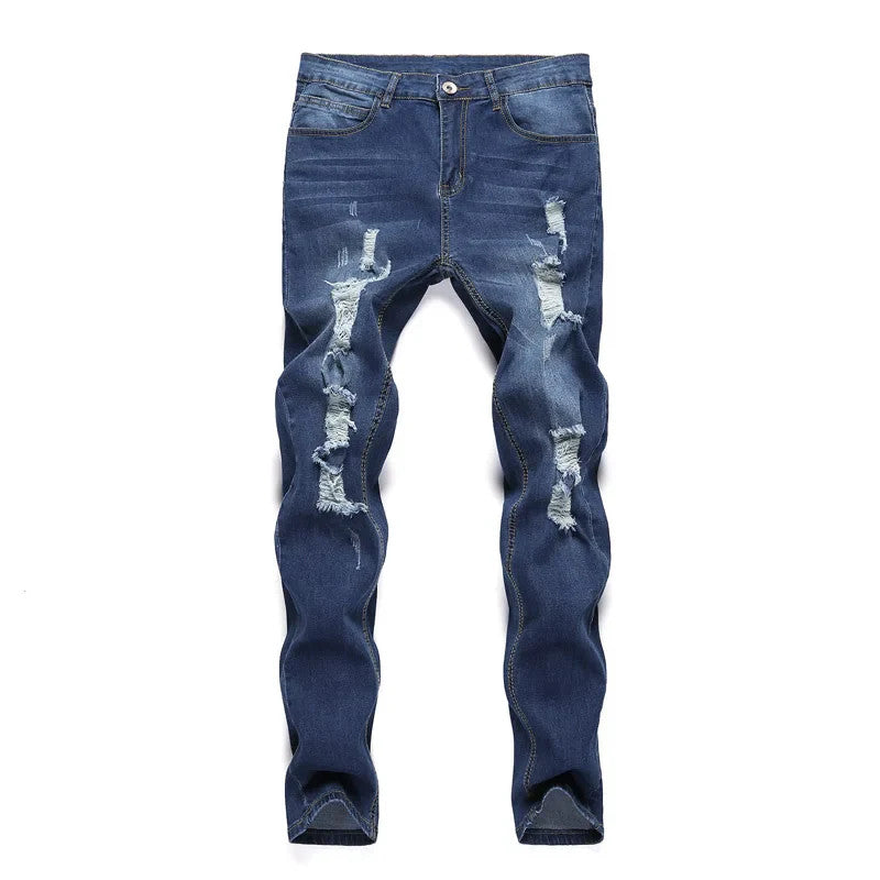 2025 New Fashion Street Style Ripped Skinny Jeans Men Vintage wash Solid Denim