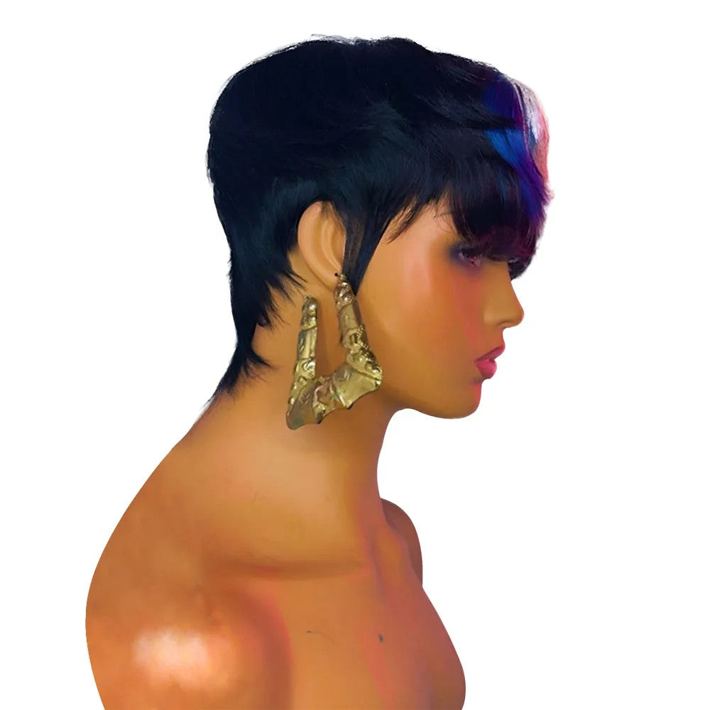 613 Blue Highlight Short Straight Bob Wigs Pixie Human Hair Wig With Bangs Full