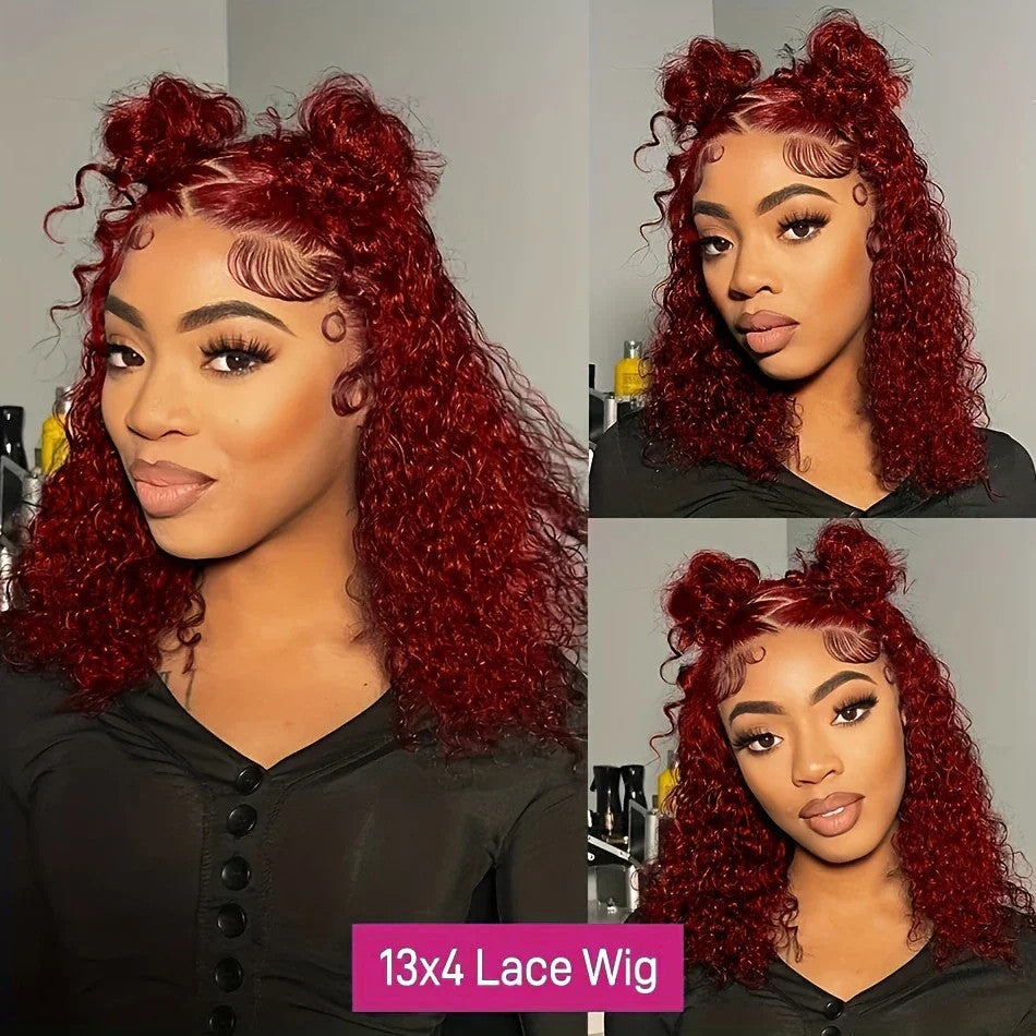 Burgundy 99J Deep Wave Short Bob Wigs 100% Human Hair Wig Water Curly Wig Baby